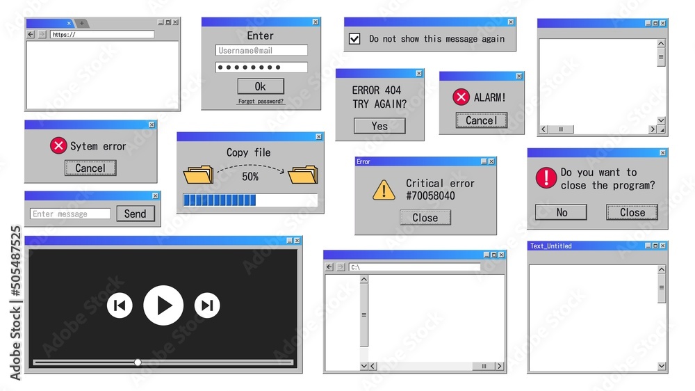 Poster old interface windows. retro error message, internet browser and file manager classic software desig