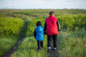 Children in the open spaces of the field are walking among the juicy spring grass in the light of sunset along a narrow trampled path