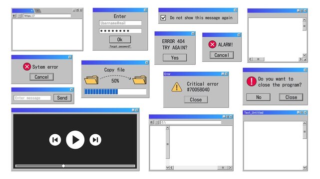 Old interface windows. Retro error message, internet browser and file manager classic software design. Vector old system elements