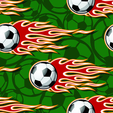Football soccer ball seamless pattern with fire flame vector graphic. Ideal for wallpaper, cover, packaging, fabric, textile, wrapping paper design and any kind of decoration.