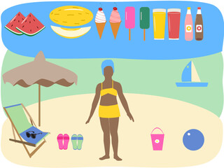 Woman on the beach, summer. Summer food and drinks in the range. Sunbed and beach umbrella on the beach.