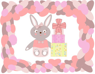 Hare with gifts, vector. Cartoon rabbit in pink clothes. Festive children's card in gentle colors. Gifts in boxes.
