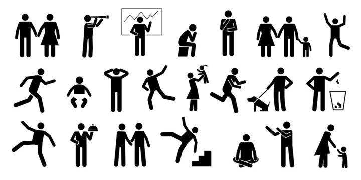 People black pictograms. Stickman silhouettes of men and women relaxed postures, gestures and actions. Vector human interaction simple icons