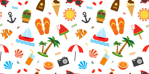 Summer vector seamless pattern, cartoon vacation background, tropical print. Bright illustration