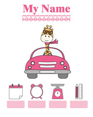 Giraffe in car. Baby birth print. Baby data template at birth. Weight, measurement, time and day of birth