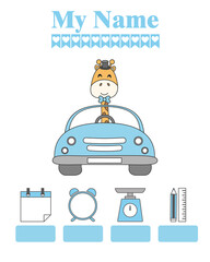 giraffe in car. Baby birth print. Baby data template at birth. Weight, measurement, time and day of birth	
