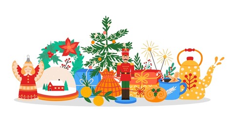 Christmas concept. Celebrating winter season holiday with decorated fir tree, gift boxes, wreath, tea and toys. Traditional xmas attributes