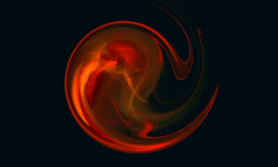 Abstract fantastic 3d artwork illustrating fiery flames in shape of twirl in deep dark space. Burning fluid substance of red hot lava rotating in funnel of smoke. Great as cover print, design element.