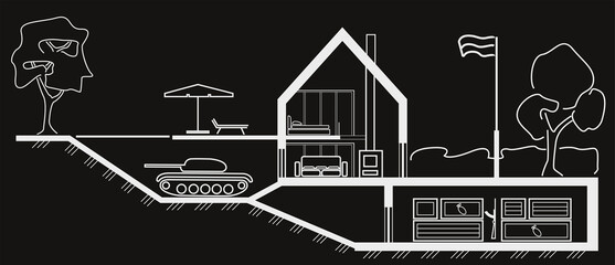 Linear architectural sketch cottage section with underground hidden tank in basement on black background
