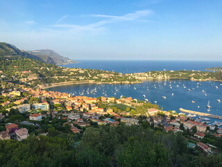 Villefranche Sur Mer and Saint Jean Cap Ferrat aerial panoramic view, South of France.