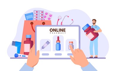 Flat online pharmacy store. Person holding tablet and buying medication in internet. Hands ordering pills, drops and balm