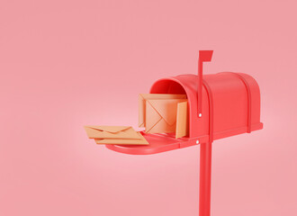 3d rendering illustration of red mailbox with mail isolated on pink background. mail delivery,post office,Sent mail message,Read online message,Mail icon,Newsletter.minimal cartoon style. copy space