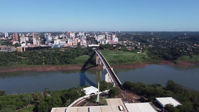 Foz do Iguacu, Parana, Brazil 08 may 2022 Aerial view of Friendship Bridge, Ponte da Amizade or Puente de la Amistad