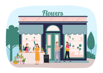 Flower store. Professional florist selling bouquet to woman. Female character buying flowers for holiday. Boy giving chamomiles - obrazy, fototapety, plakaty
