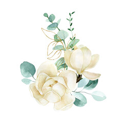 watercolor drawing. bouquet with white magnolias and eucalyptus leaves. delicate illustration composition of flowers, green and golden leaves of eucalyptus. - obrazy, fototapety, plakaty
