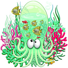 Octopus Silly Funny Cartoon Character sur les récifs coralliens avec des poissons et des poissons Clown Vector Illustration isolé sur blanc