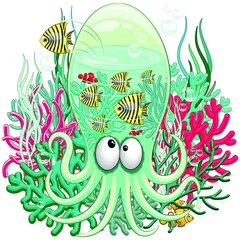 Papier Peint photo Lavable Dessiner Octopus Silly Funny Cartoon Character sur les récifs coralliens avec des poissons et des poissons Clown Vector Illustration isolé sur blanc