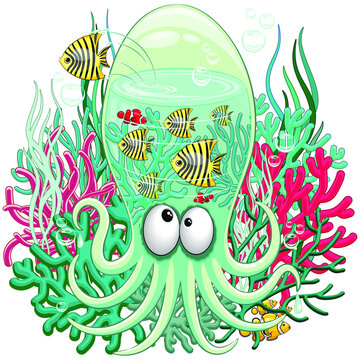 Octopus Silly Funny Cartoon Character on Coral Reef with Fishes and CLown Fish Vector Illustration isolated on white