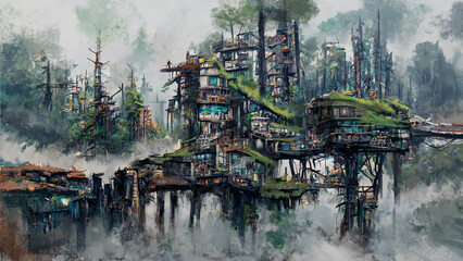 Digital illustration of a treetop village made out of scrap parts in a misty forest environment - fantasy painting © Dominick