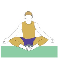 Continuous line art or one line drawing of man doing exercise in yoga pose. Sitting with cross leg. Yoga lotus pose. Young male practice yoga for meditation. Illustration of person on meditation.