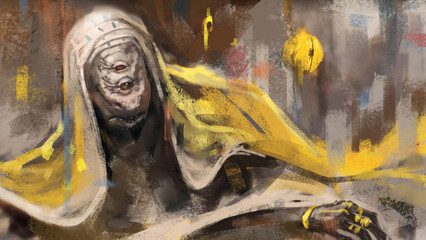 Digital illustration of a brown and yellow alien creature with a hood reaching for something off camera - fantasy painting