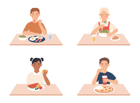 Kids eating. Boys and girls sitting at table and having breakfast. Happy little female and male characters eating different food