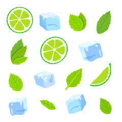 Graphic vector illustration of mojito cocktail ingredients: lime slices, mint leaves, ice cubes. Refreshing drink ingredients isolated on white background.