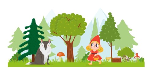 Little Red Riding Hood. Girl walking with basket in forest. Wolf animal sitting among trees. Fairytale with happy child