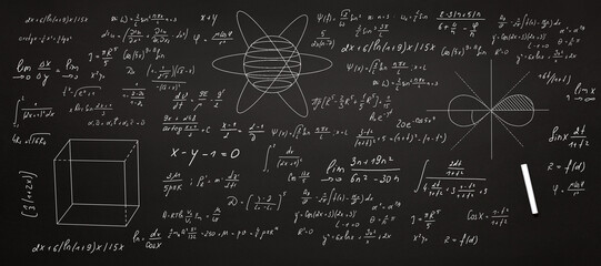 school blackboard with hand written formulas, graphs and draws diagrams, the concept of study,...