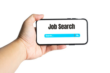 Job searching concept, Unemployed man using a smartphone isolated on white background for job-seeking career position on the internet, recruiting.