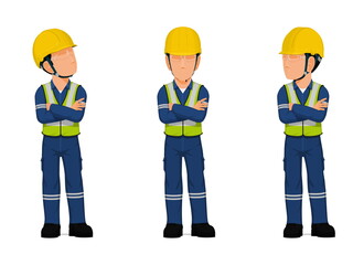 set of industrial worker with folded arms on white background