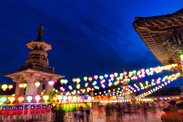 The colorful lighting Asian lanterns hanging in Bulguksa temple in Gyeongju, South Korea