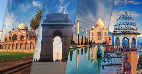 Humayun's Tomb, India Gate, Taj   Mahal and Amber Fort pavilion, most famous places of India in collage - obrazy, fototapety, plakaty