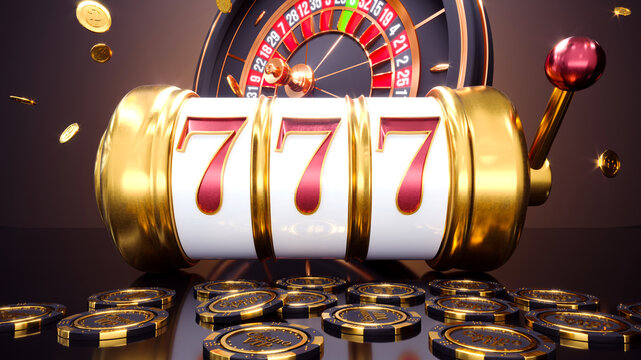 Casino dark background with slot machine, roulette wheel and casino chips. Online casino win concept with nimber 777. 3d rendering