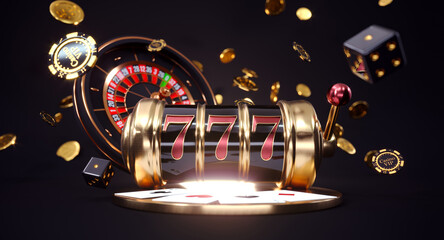 Casino background. Slot machine with roulette wheel. Modern black and golden online casino concept. Poker casino win. 3d rendering