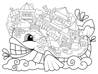 city on the back of a whale, fish and houses. Coloring book page. Animals cartoon. Coloring page outline of cartoon.