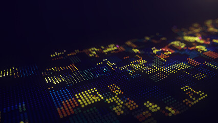 Futuristic glowing surface in the form of a chip. The concept of big data. Network connection. Cybernetics. Abstract dark background of dots Digital landscape. 3d rendering.