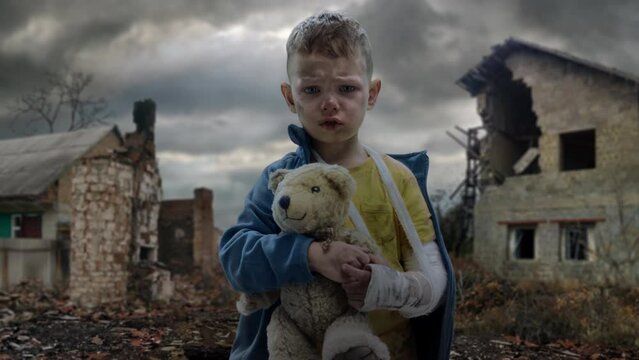 Scared and brave Little Ukrainian boy. No war with Ukraine.