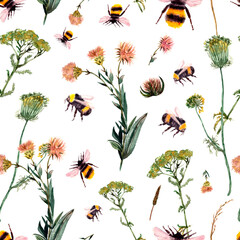 seamless pattern with bumblebee and wild flowers and herbs. Spring, summer trendy print, watercolor. - 505519508