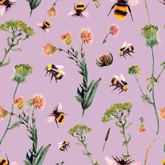 seamless pattern with bumblebee and wild flowers and herbs. Spring, summer trendy print, watercolor. - 505519515