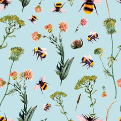 seamless pattern with bumblebee and wild flowers and herbs. Spring, summer trendy print, watercolor. - 505519543