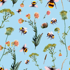 seamless pattern with bumblebee and wild flowers and herbs. Spring, summer trendy print, watercolor. - 505519556