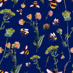 seamless pattern with bumblebee and wild flowers and herbs. Spring, summer trendy print, watercolor. - 505519564