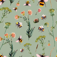seamless pattern with bumblebee and wild flowers and herbs. Spring, summer trendy print, watercolor. - 505519583