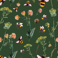 seamless pattern with bumblebee and wild flowers and herbs. Spring, summer trendy print, watercolor. - 505519593