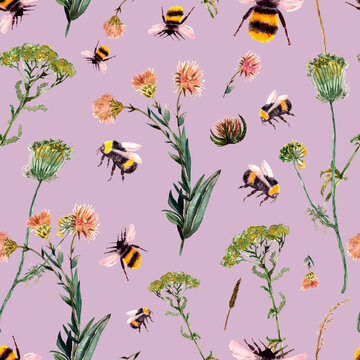 seamless pattern with bumblebee and wild flowers and herbs. Spring, summer trendy print, watercolor.