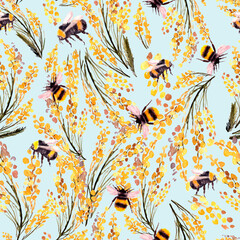 seamless pattern with bumblebee and flowers mimosa. spring, summer pattern, watercolor illustration - 505519700