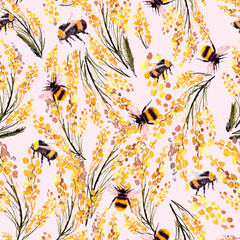 seamless pattern with bumblebee and flowers mimosa. spring, summer pattern, watercolor illustration - 505519725