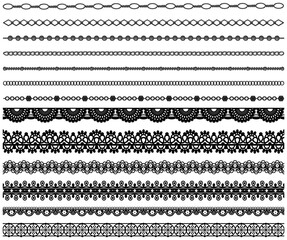 Set of different lace ribbons with ornament. Black design elements isolated on white background. Seamless pattern for creating style, decor design. Lace decoration template, geometric print - obrazy, fototapety, plakaty