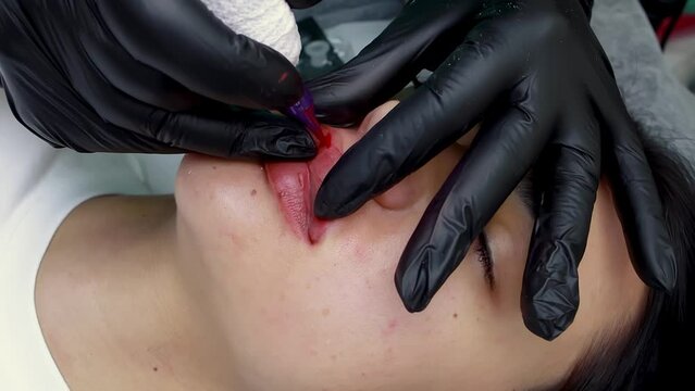 the master of permanent makeup in black gloves holds a tattoo machine and performs permanent lip makeup for a brunette model